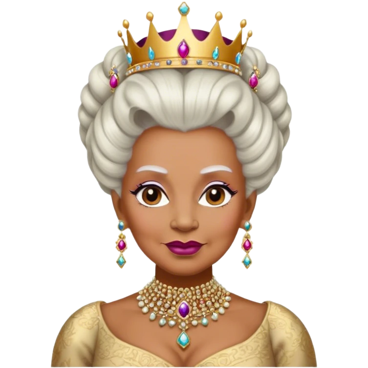 old queen with Elaborate updo hairstyle, powdered wig, adorned with jewels warm brown skin emoji