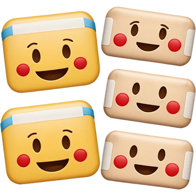16 different variations of a band aid as and emoji with smiling with teeth, smiling without teeth, crying laughing or sad, mad, sad, tired, censored, funny, glasses, love, serious, with a hat, sticking out tounge, sleeping, injured, and angel Formatted in rows of 4x4 and with a white background emoji