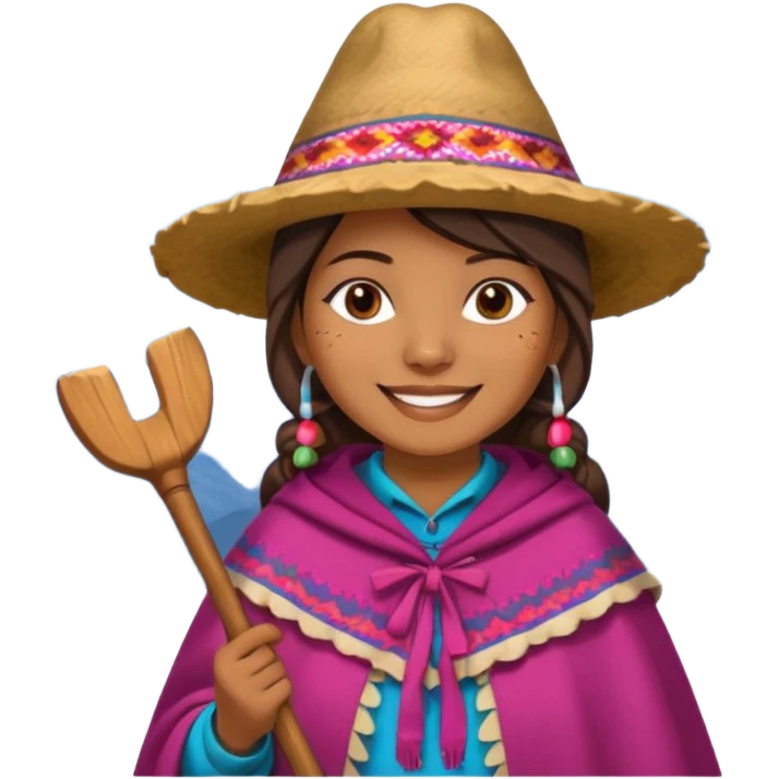 3D emoji style illustration of a Peruvian Andean farmer (woman), wearing traditional chullo hat and poncho, holding a hoe, smiling, mountains in background, bright natural colors, bold outlines, glossy sticker style, transparent background emoji