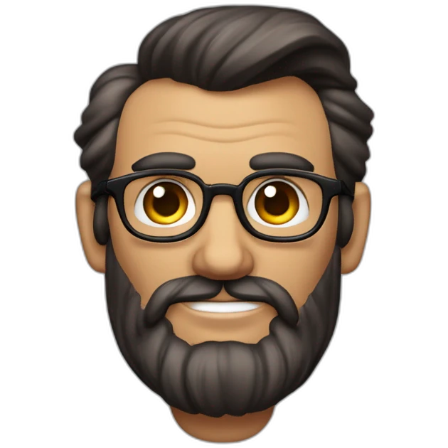 Homem gordinho com cabelo grande e cacheado com barba estilo Abraham Lincoln e uma pinta acima do lábio do lado esquerdo, utilizando óculos grande e quadrado emoji