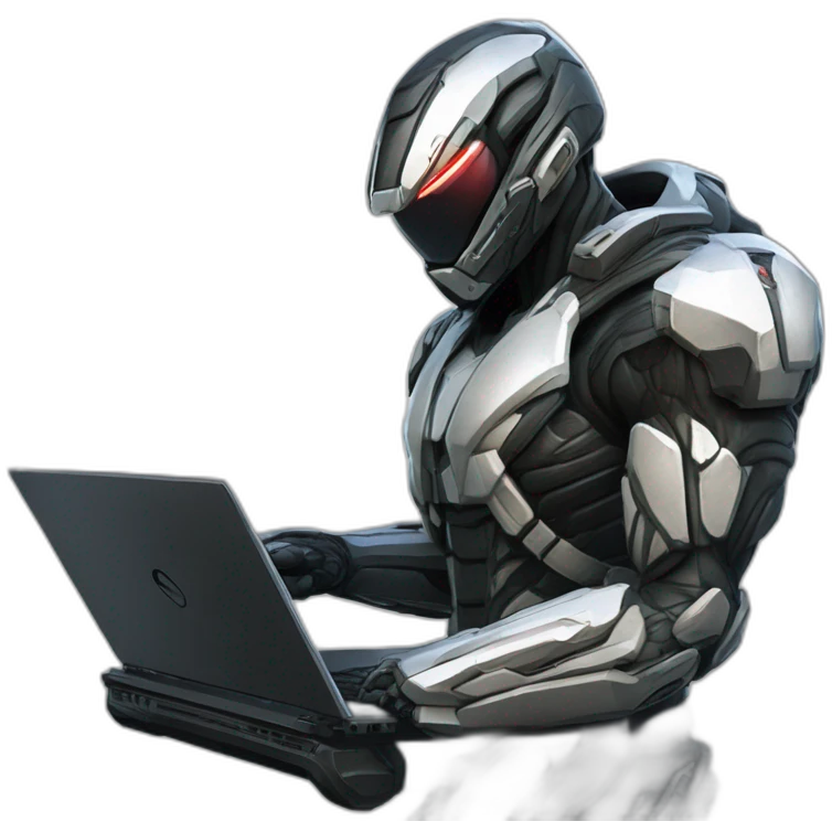 Side view developer behind his laptop with this style : Crytek Crysis Video game with nanosuit hacker themed character emoji