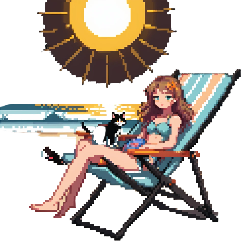 girl with her cat on a beach chair, sun shining emoji