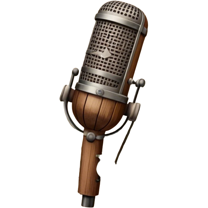 Create a traditional and warm emoji representing folk singing, using a humanless collage. The design should feature a rustic wooden microphone or an old-fashioned folk instrument like a balalaika, gusli, or a domra, placed alongside traditional elements such as a hand-woven scarf or a wooden flute. Include natural, earthy details like wildflowers, musical notes, and rustic textures, evoking the feeling of folk music in its purest form. Use warm, earthy colors like brown, gold, red, and green to create a cozy and organic vibe. The background should be transparent. emoji