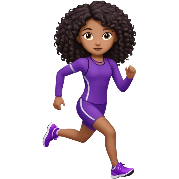 Uma boneca morena escura com olhos castanhos e cabelo cacheado longo até o peito, treinando correndo a roupa roxa com detalhes preto emoji