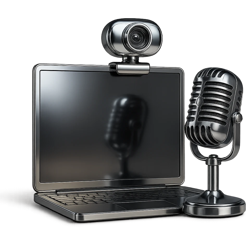abstract chrome composition of a screen, webcam, and microphone, representing a webinar, radiant and polished emoji