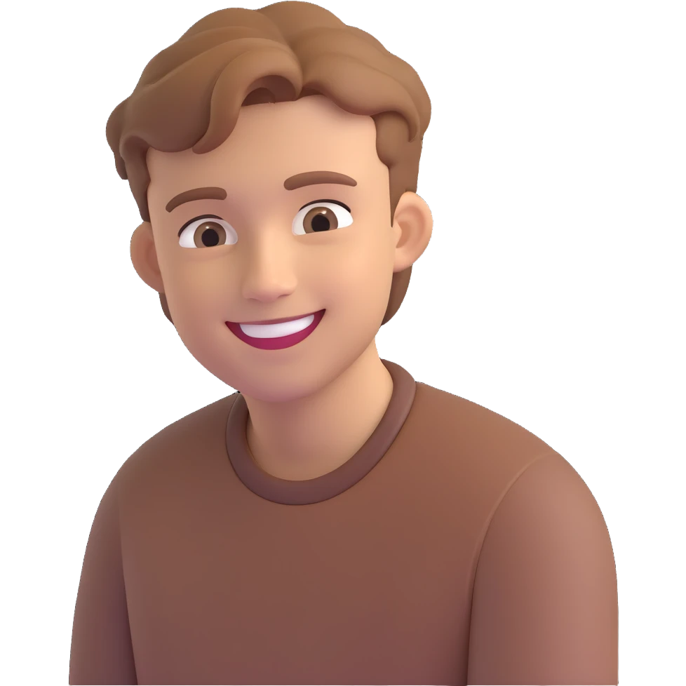 smiling young man with light brown hair, subtle 3D effect, neutral background, high resolution, no text emoji
