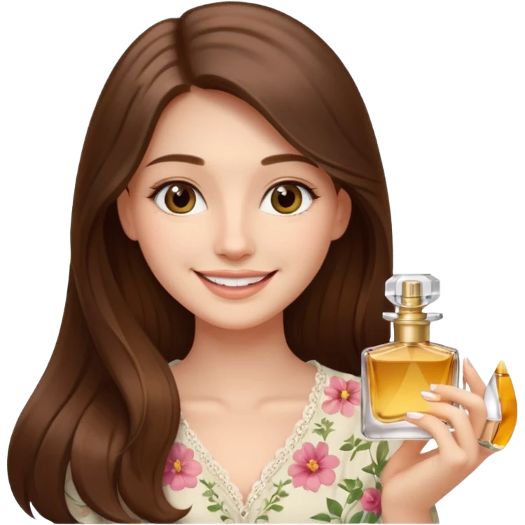 half body pretty long hair girl holding 1 parfume with smile emoji