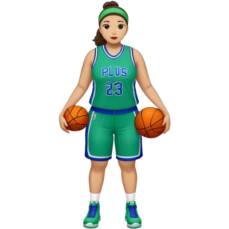 Full Body light skin Latino plus size women basketball player wearing blue and green uniform emoji