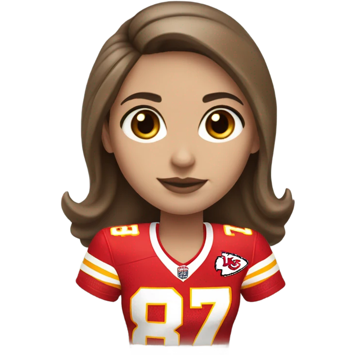 White Girl with brown hair wearing a chiefs jersey #87 emoji