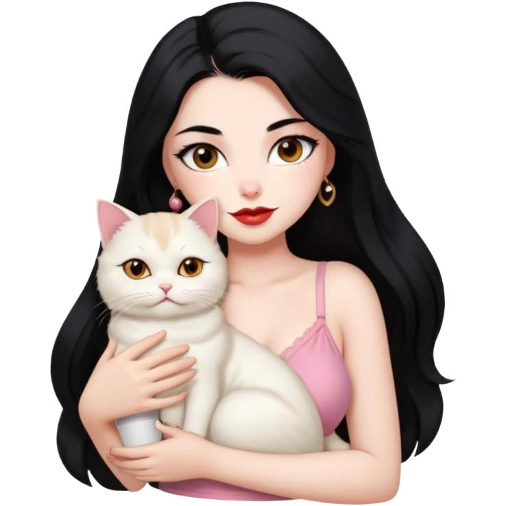 Beautiful Girl Long Hair black, Brows Big , Skin White, bra Pale Pink , Big Red Lips, EyesCoffe , Big hug Little baby Persa Cream Cat With Cute Eyes emoji