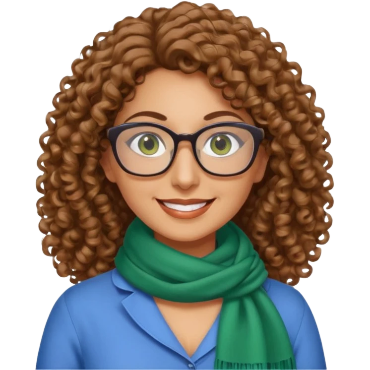 40 yr old Iranian woman, light brown very curly thick hair, shoulder length hair, green eyes, tan skin, big smile, big glasses, blue dress shirt with white scarf on neck emoji