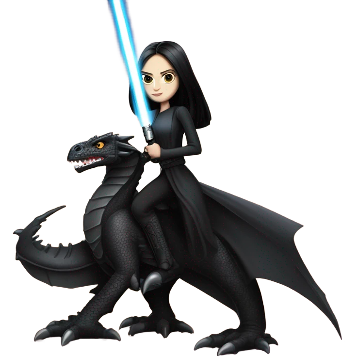 Determined and beautiful armored teen Morticia Addams Jedi riding on the back of a giant black dragon emoji