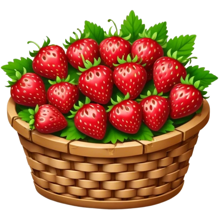 Cinematic ripe strawberrie, deep red, glossy with tiny seeds, green leaves still attached, gathered in a rustic basket, warm glowing background, fresh and sweet. emoji