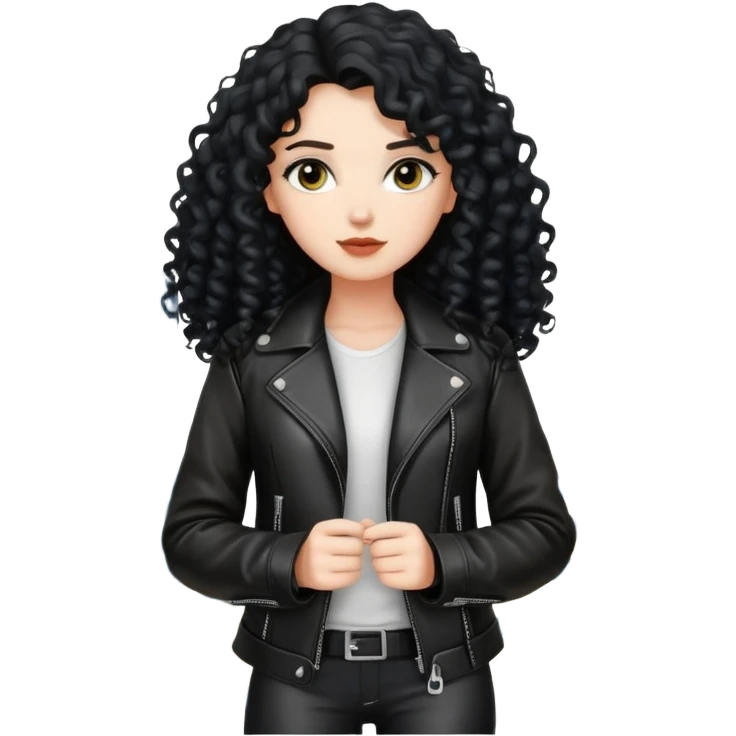 Chica blanca, con cabello negro largo y rizado, con chaqueta de cuero,arquitecta emoji