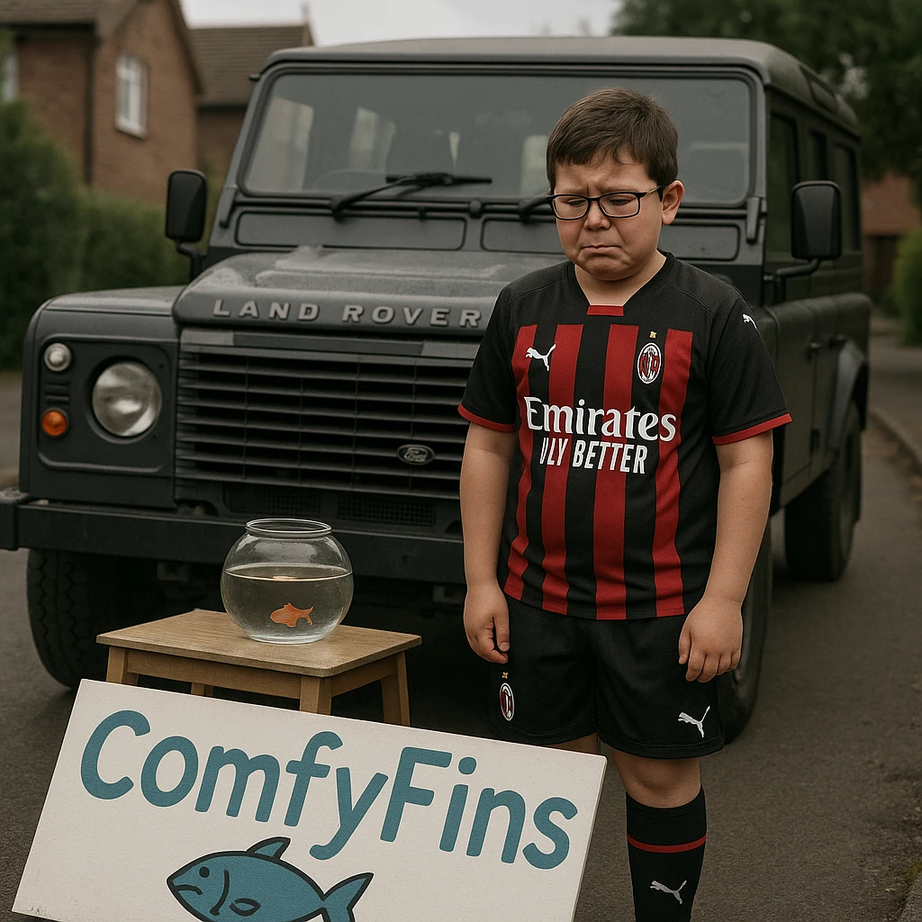 A young boy with glasses and a round face, wearing an AC Milan football kit, standing in front of a Land Rover Defender, looking devastated as his business 'ComfyFins' crashes emoji