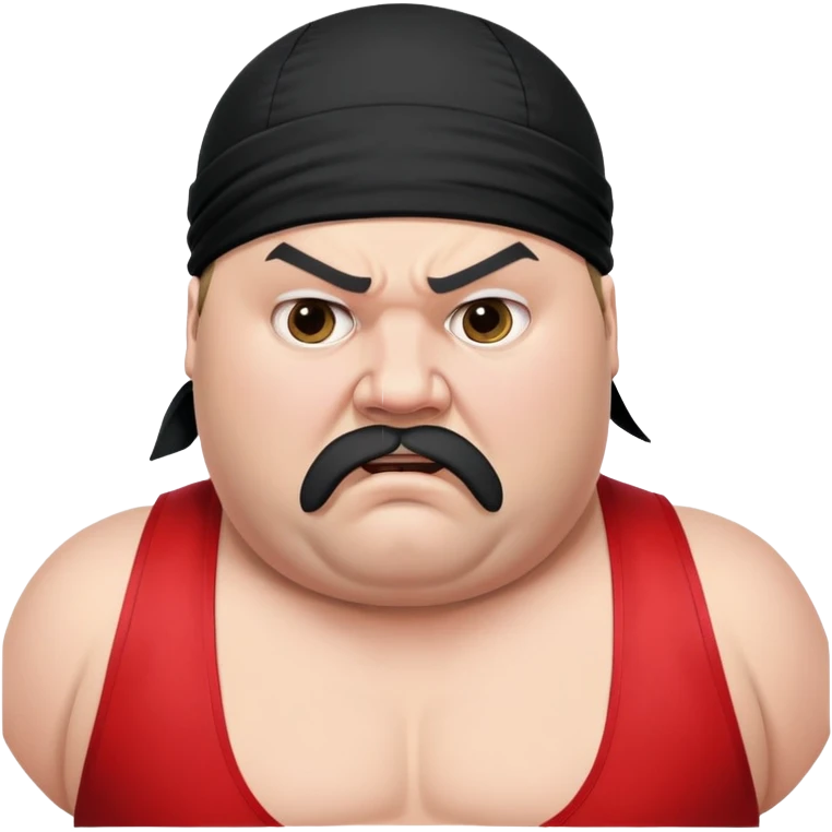 Extreme close-up of face of morbidly obese white skin guy with young face, prominent BLACK DURAG tied clearly on head, black beard but no mustache, clean shaven upper lip, black eyes in a red and black wrestling singlet with angry expression emoji