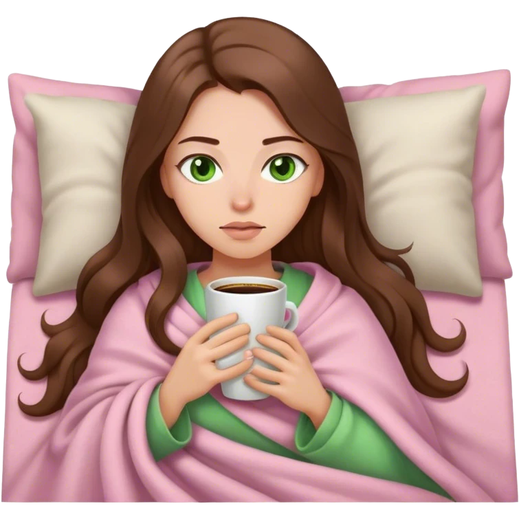 woman with very long brown hair and green eyes in a light pink blanket sleepy with coffee emoji