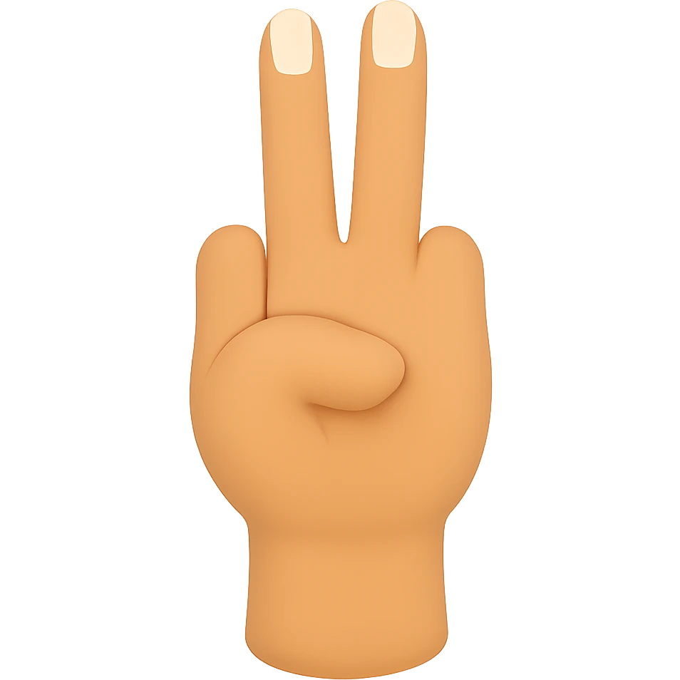 Female palm with two fingers up, matching the pose in the reference image, normal emoji style with transparent background, white nails. Variant 4 with slight difference in nail length. emoji