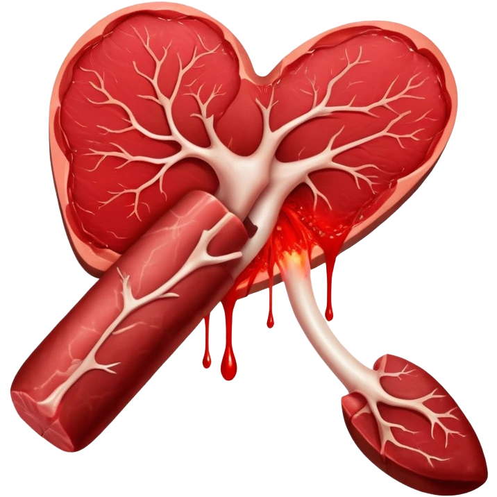 Ethereal red steaks, liver, and dark meat cuts floating alongside a glowing bone marrow. They transform into bright red blood cells that flow toward a heart at the center. The heart pulses with energy that radiates throughout a silhouette of a body, illustrating how heme iron creates vitality. emoji