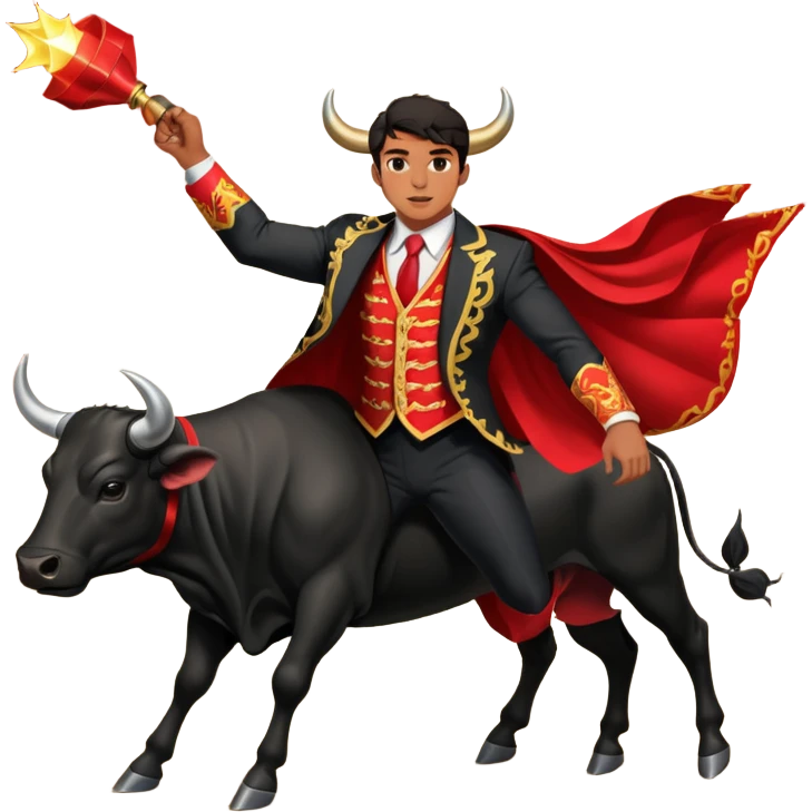 Create a realistic image of a traditional bullfighting scene in a Spanish arena.
Show a bullfighter (matador) HOLDING a red cape (muleta) not wearing one. as a powerful black bull charges toward it. emoji