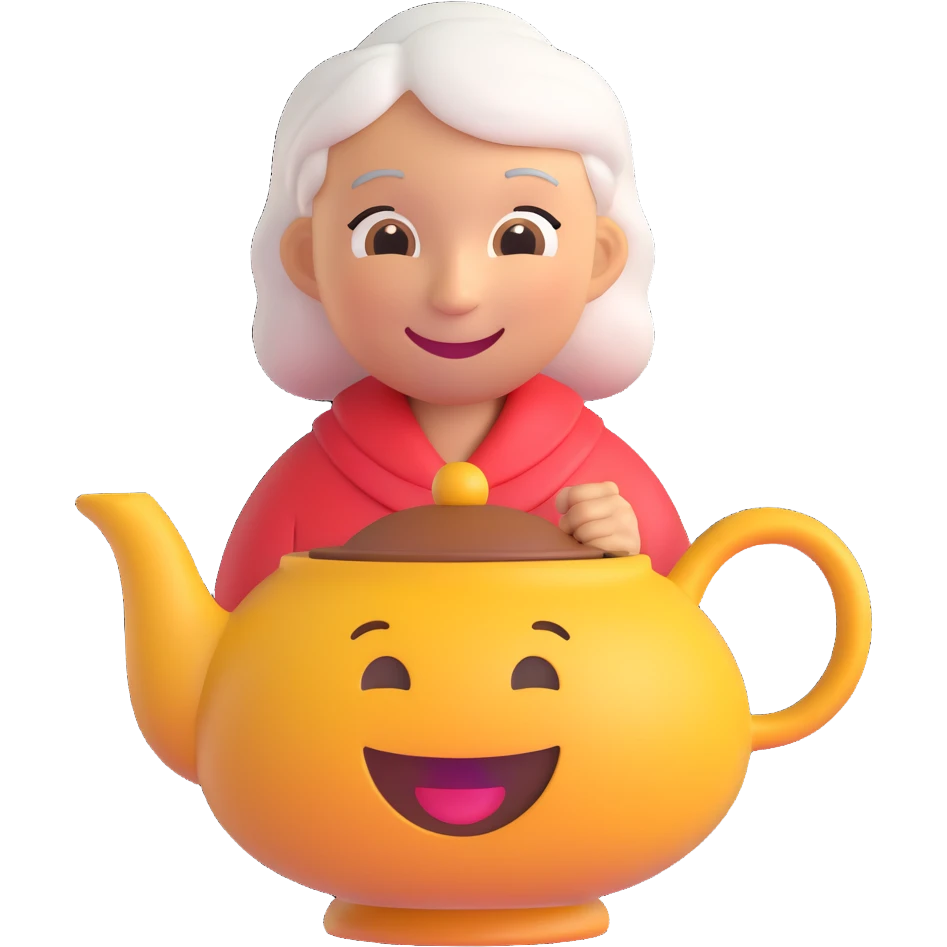 3D smiley emoji, round shape, grandmother with a teapot, light blue color, smiling face emoji