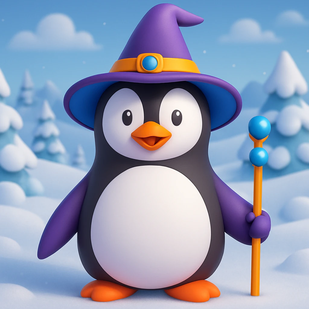 Make a snowy landscape background behind the penguin wizard, keep all original colours and lighting in 3d emoji style emoji