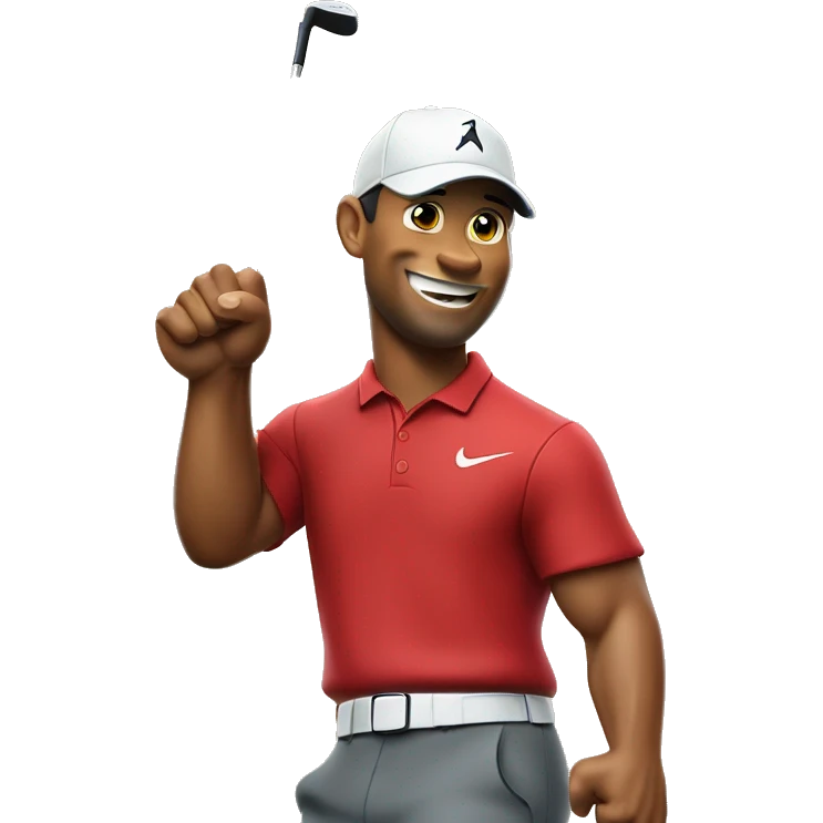 Tiger woods fist pumping while wearing red shirt holding putter in left hand emoji
