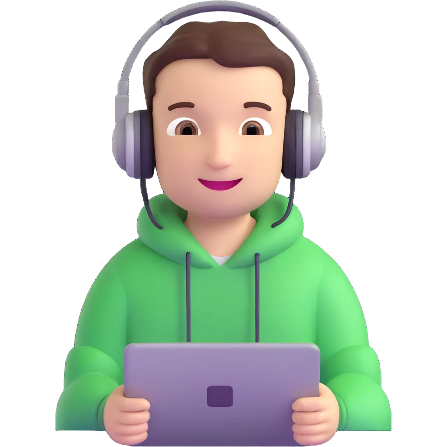 professional programmer, looking confident and happy, with headphones and a cheerful expression, 3D animation style emoji