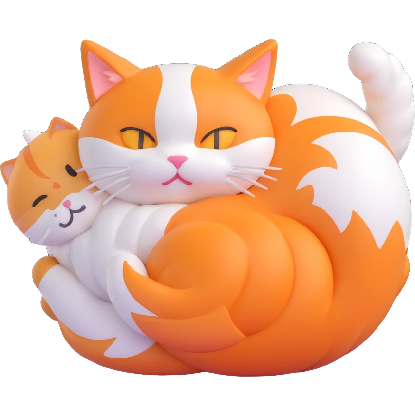 Turn this fluffy orange and white cat, curled up with its back turned, into a rounded, shiny, and expressive 3D iOS emoji style cat. No text, just the cat in 3D iOS emoji style. emoji
