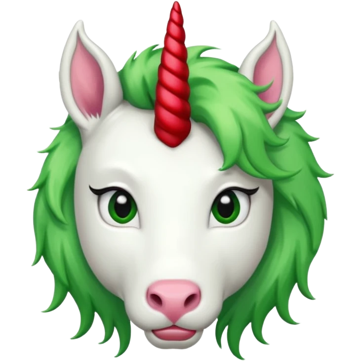 white furred unicorn with green hair and big red earrings looking into camera emoji