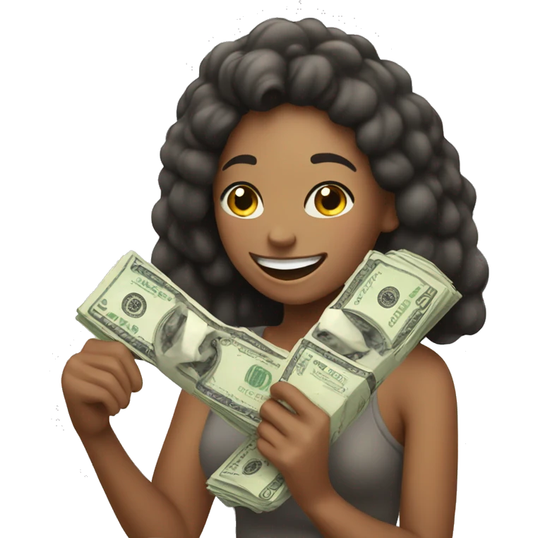 Girl holding money and laughing emoji