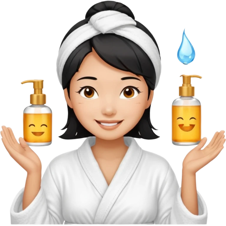 A black-haired East Asian woman smiling with a satisfied, relaxed expression. She is wearing a bathrobe, in the middle of her skincare routine, and her skin looks radiant. emoji