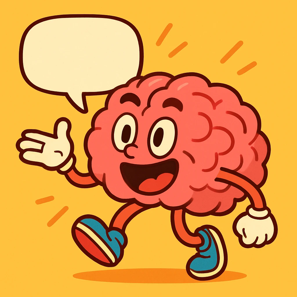 a talking brain, cartoon style, arms and legs, dynamic posture emoji