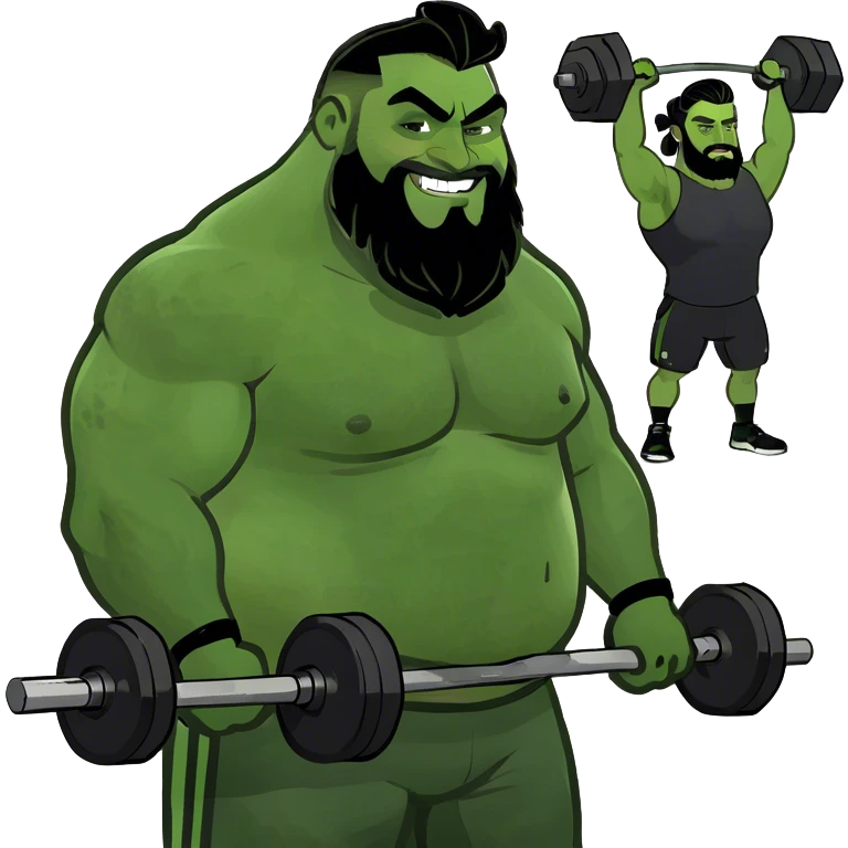 Fat tan guy with beard and man bun and white guy with long curly black hair lifting weights emoji
