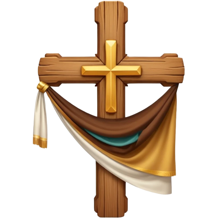 Cross made of wood, the top of the tip of the cross, a golden cross, and a white cloth hanging over the two arms of the cross emoji
