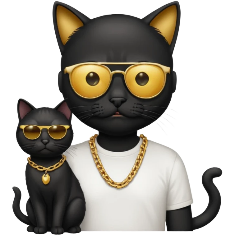 Freaky Larry is a cat with a gold chain and sunglasses standing behind a scared man with no facial hair. Make sure the cat is black emoji