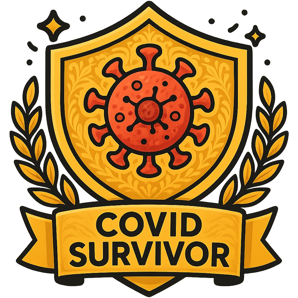Make the badge more detailed: add intricate patterns to the shield, a more realistic virus symbol, subtle gradients, and a gold laurel wreath around the edge. Keep the celebratory style and 'COVID Survivor' text. emoji