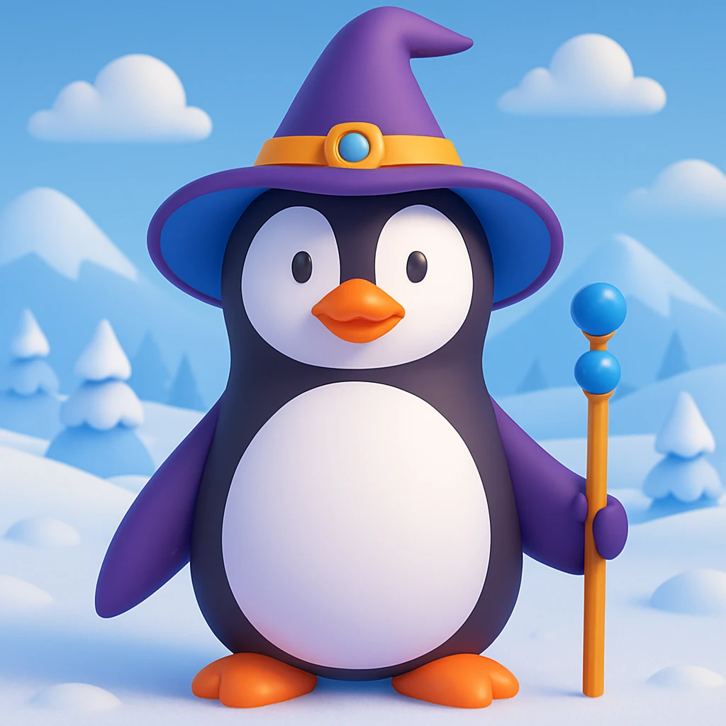 Make a snowy landscape background behind the penguin wizard, keep all original colours and lighting in 3d emoji style emoji