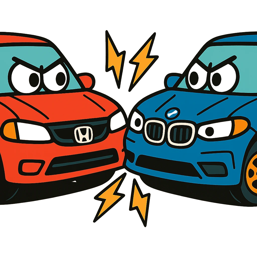 Honda and BMW cars in a fun face-off, vibrant colors emoji