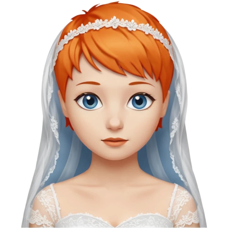 27 year old woman, orange hair, pixie cut, blue eyes, wedding dress emoji
