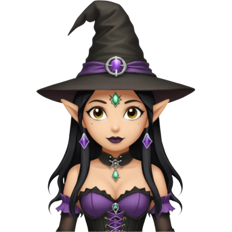 Goth and tan elf girl in witch hat and corset emoji
