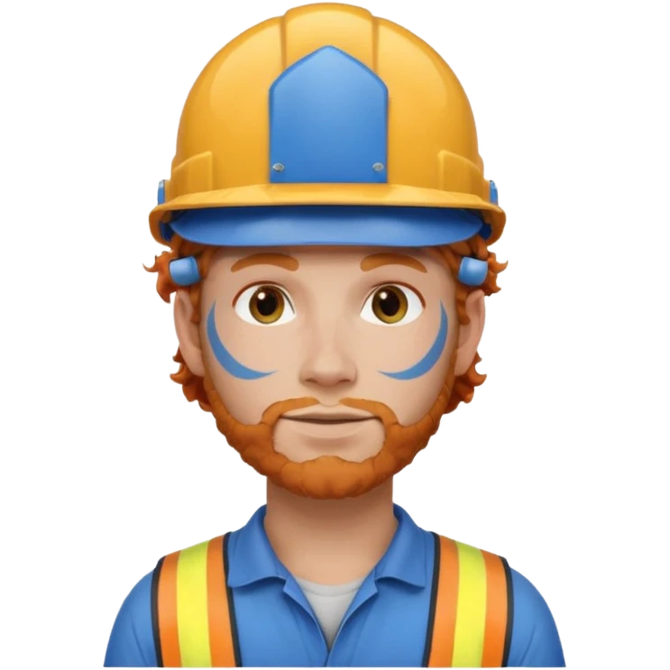 construction worker man ginger curly hair, blue helmet and face tattoo emoji