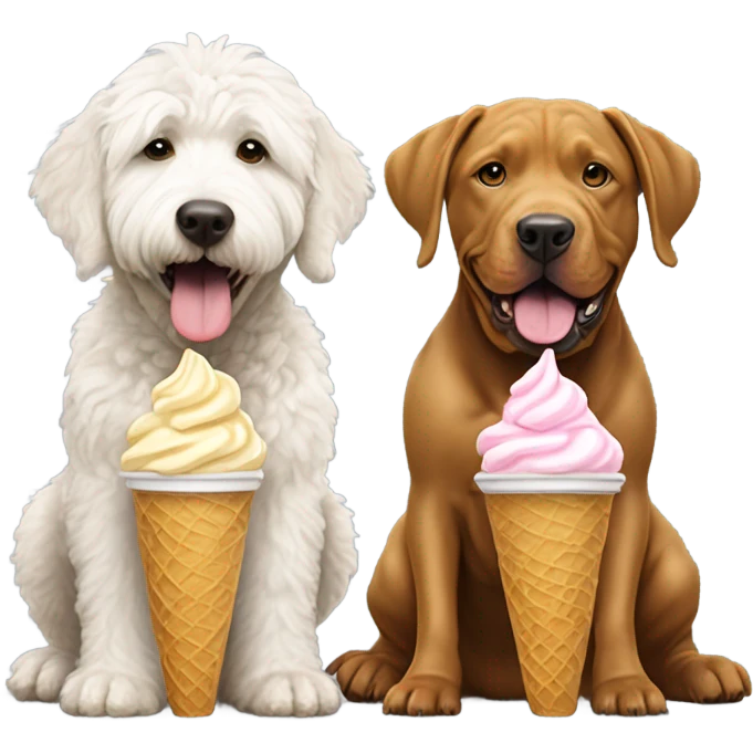 Golden doodle and pit bull eating ice cream emoji