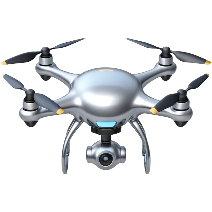 A futuristic drone emoji made of polished silver chrome, smooth rounded body, minimal propellers, reflective metallic surface, soft studio lighting, iOS emoji style, centered, clean white background emoji