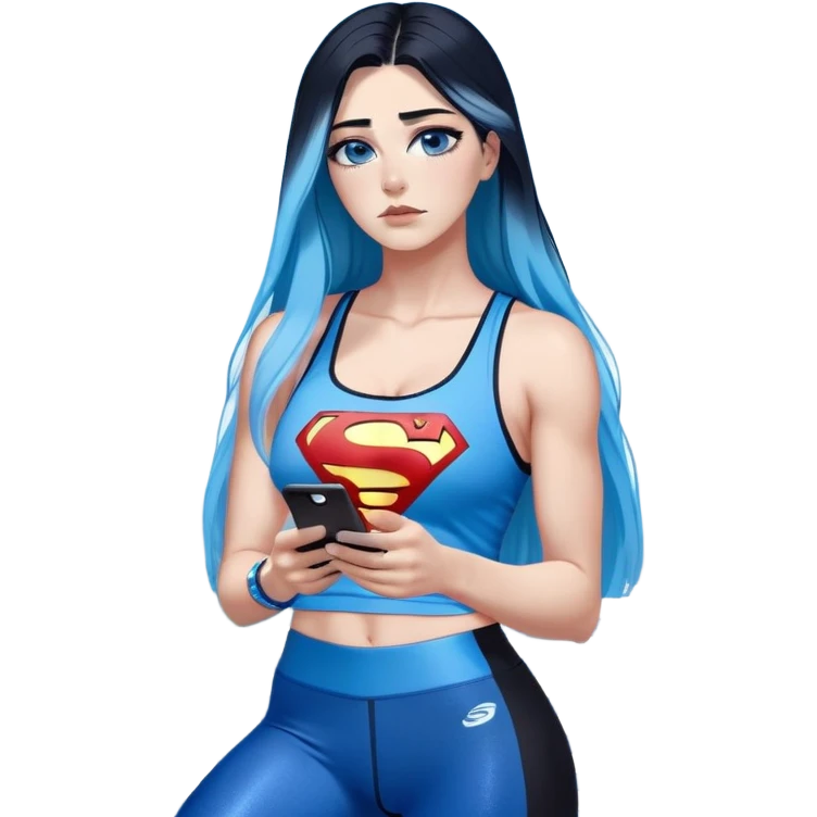 Shameful disappointed crying-very very very very big chest-texting on a samsung cell phone-very long straight flowing black to sky blue hair ombre-blue eyes-black eyeliner-long eyelashes-plastic sparkling sky blue very low cut tank top with sparkling superman logo-black leggings-nike sneakers emoji