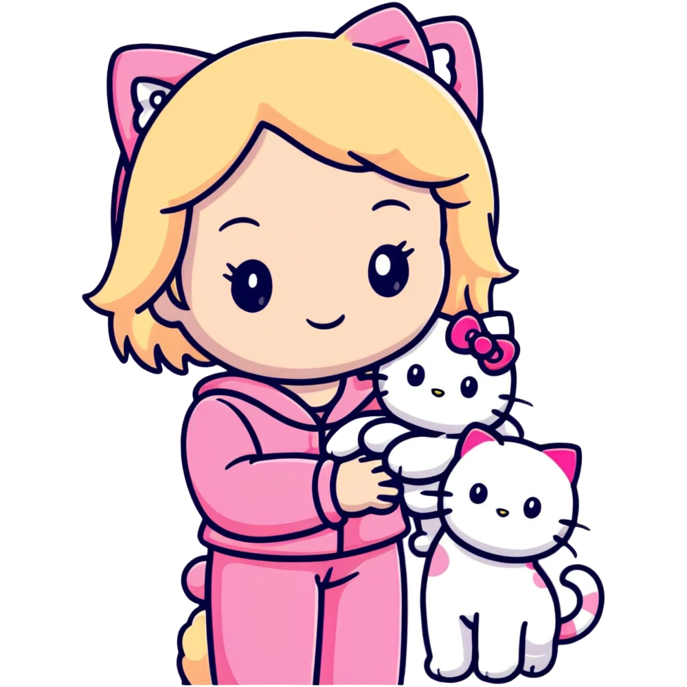Blonde girl wearing pink Hello Kitty pajamas with two ragdoll cats emoji