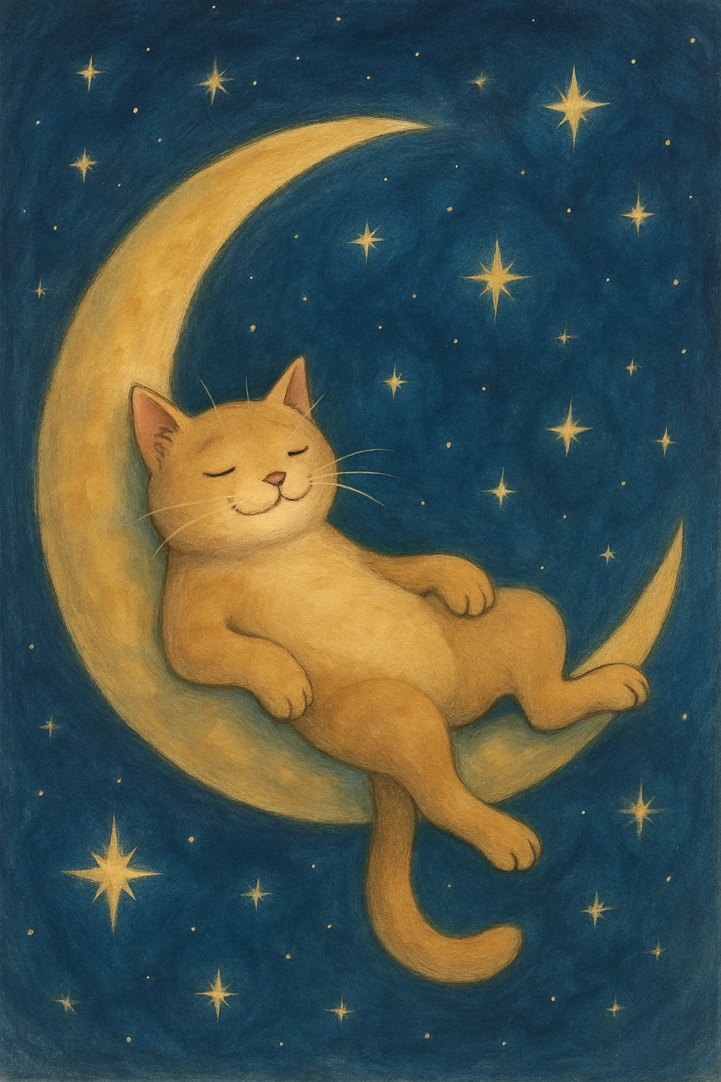 chill cat lounging on a crescent moon, surrounded by stars, dreamy atmosphere emoji