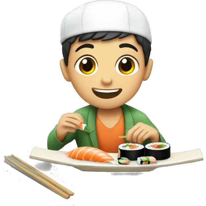 boys having fun outside eating sushi emoji