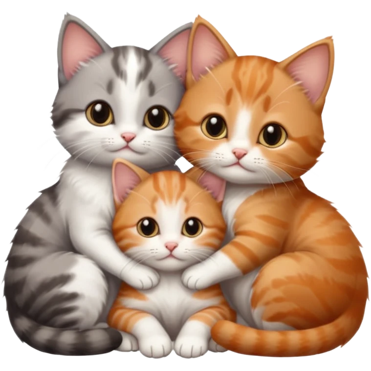 3 very small kittens cuddling together all different colours, the first one is grey and white, the second is ginger and white and the third is brown tabby and white emoji