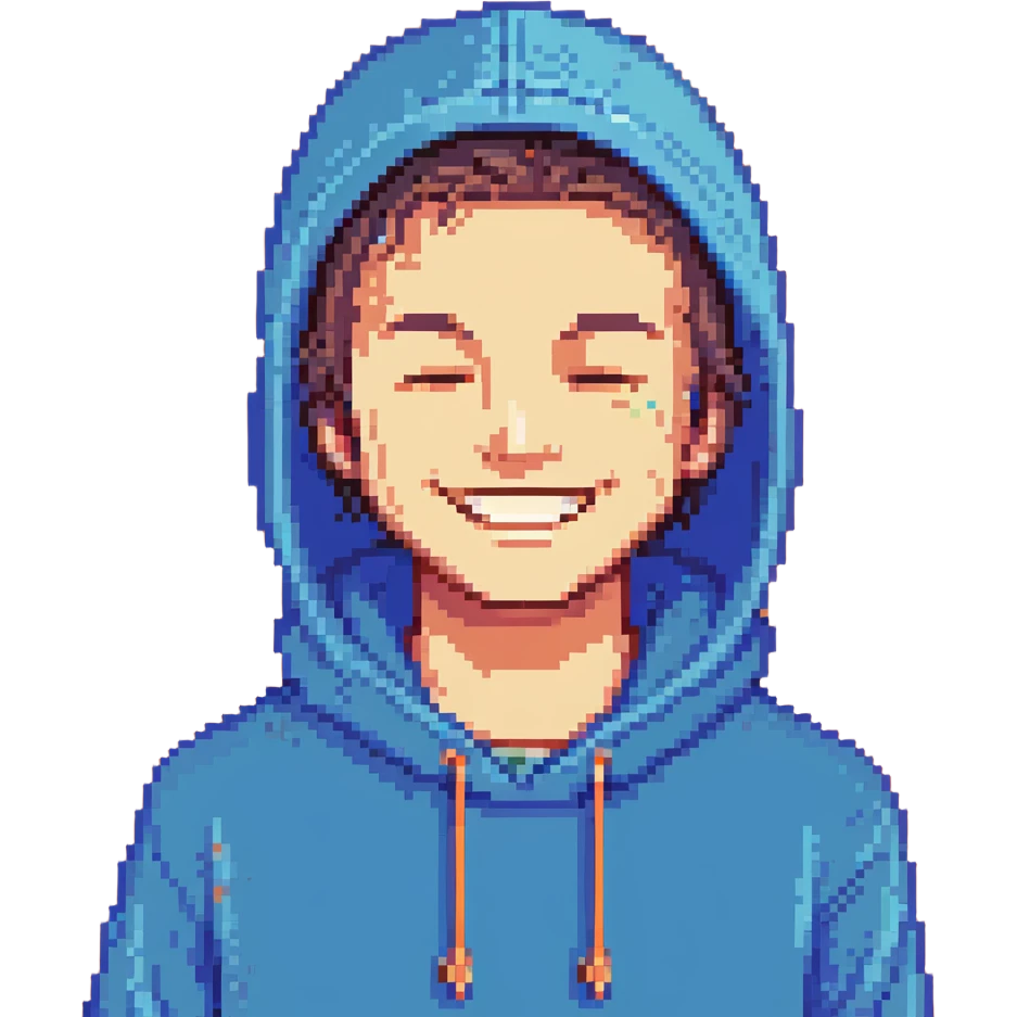 pixel art of a man in a blue hoodie, smiling, animated blinking, retro game style emoji